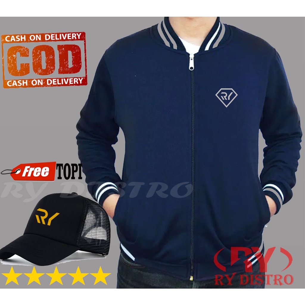 Bonus Topi. Jaket Baseball Pria RY PIRAMID Samping Motif Silver + Topi Random / Sweater Pria & Wanit