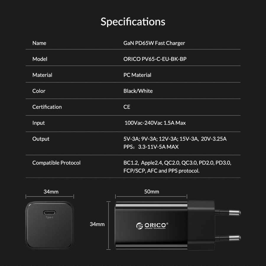 ORICO PV65-C Charger 65W Type C PD QC 3.0