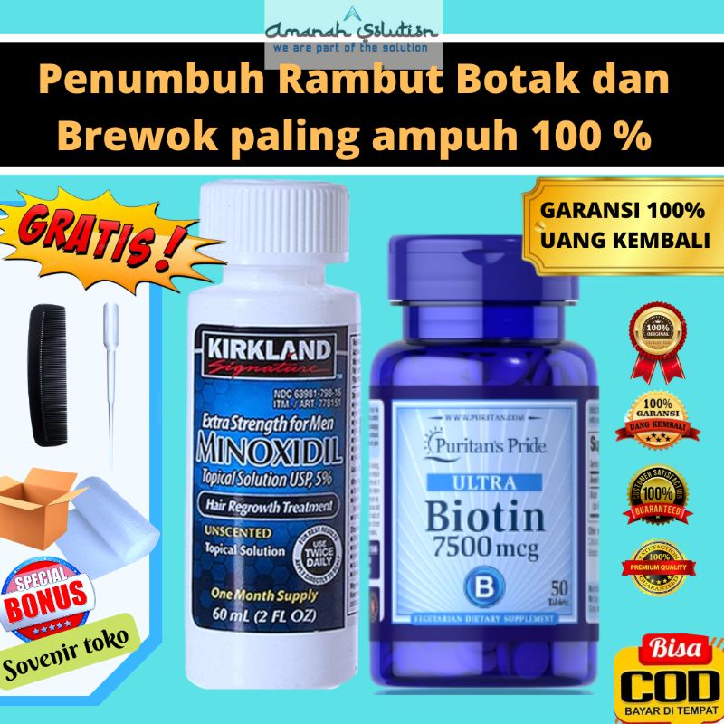 [PAKET HEMAT] KIRKLAND MINOXIDIL 5% 60ML &amp; BIOTIN 7500 MCG | OBAT PENUMBUH RAMBUT BOTAK | OBAT PENUMBUH BREWOK