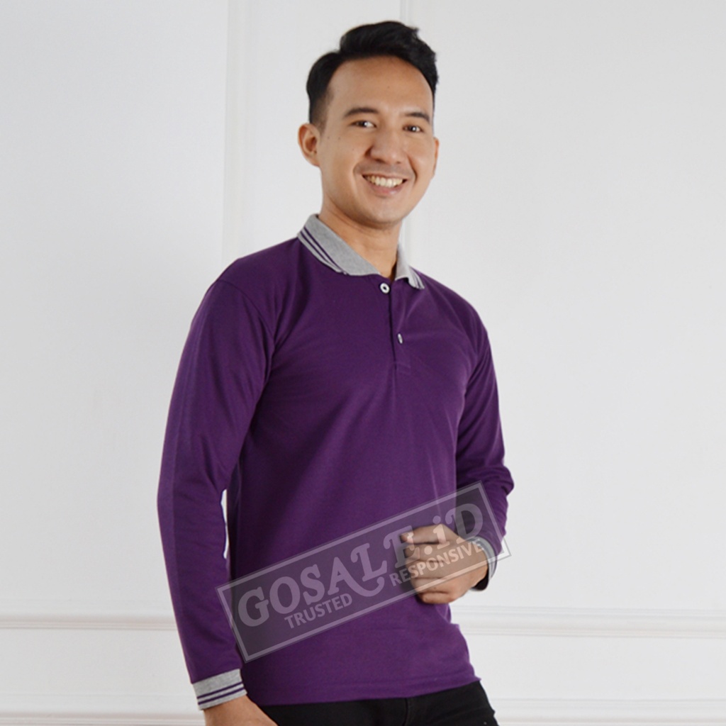 KAOS POLO SHIRT TANGAN PANJANG LAKOS TC UNGU TUA KOMBINASI KERAH ABU