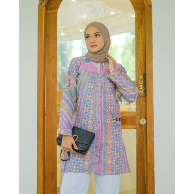 Kawung Soft Tunik Batik Wanita Lengan Panjang Katun Halus size m l xl xxl-E