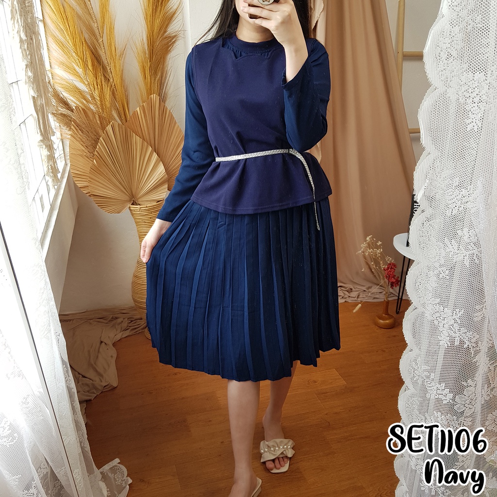 SET1106 one set wanita polos dress tangan panjang dan outer