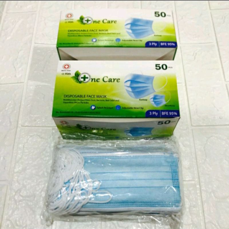IR.masker ONE CARE. original 3ply earloop hijau &biru isi 50 pcs(,1box)
