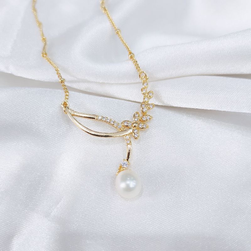 kalung lapis emas mutiara air tawar asli lombok bersertifikat Kalung pesta Kalung liontin mutiara Pe