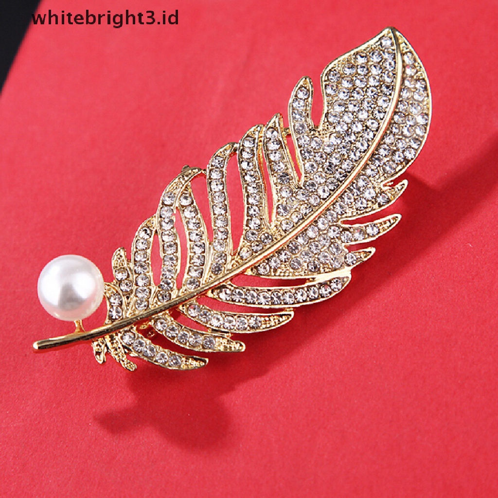 (whitebright3.id) Bros Pin Bentuk Bulu Aksen Kristal + Mutiara Imitasi Untuk Wanita