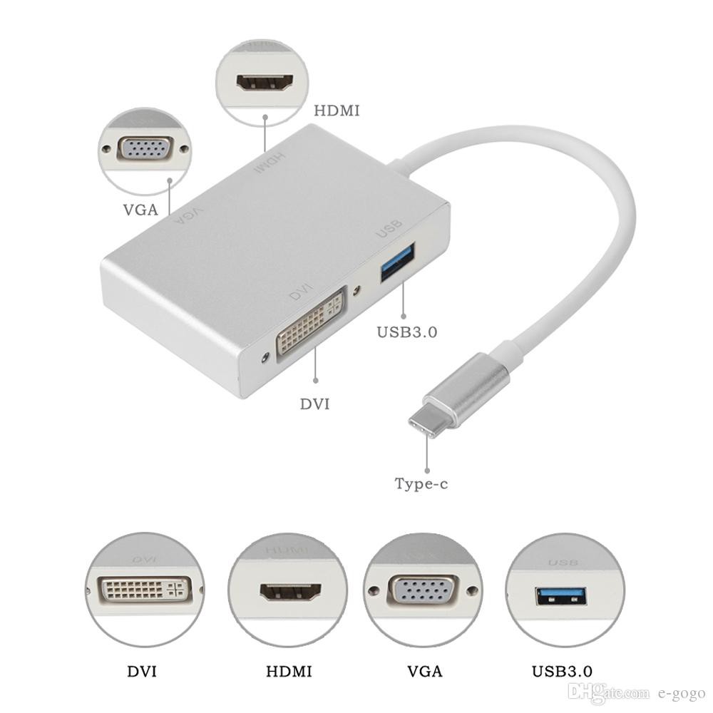 USB 3.1 Type C to VGA HDMI DVI USB 3.0 Hub adapter 4 in 1