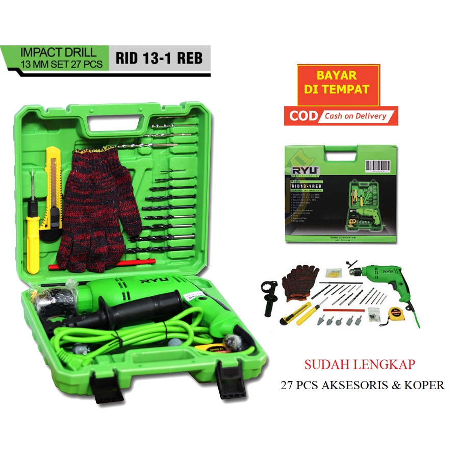 RYU RID13-1REB Impact Drill Set Box Mesin Bor 13 Mm 13mm Impact Drill Plus KOPER + Aksesoris 27 Pcs Bor Beton Tembok RID 13-1 MURAH ORIGINAL BERGARANSI