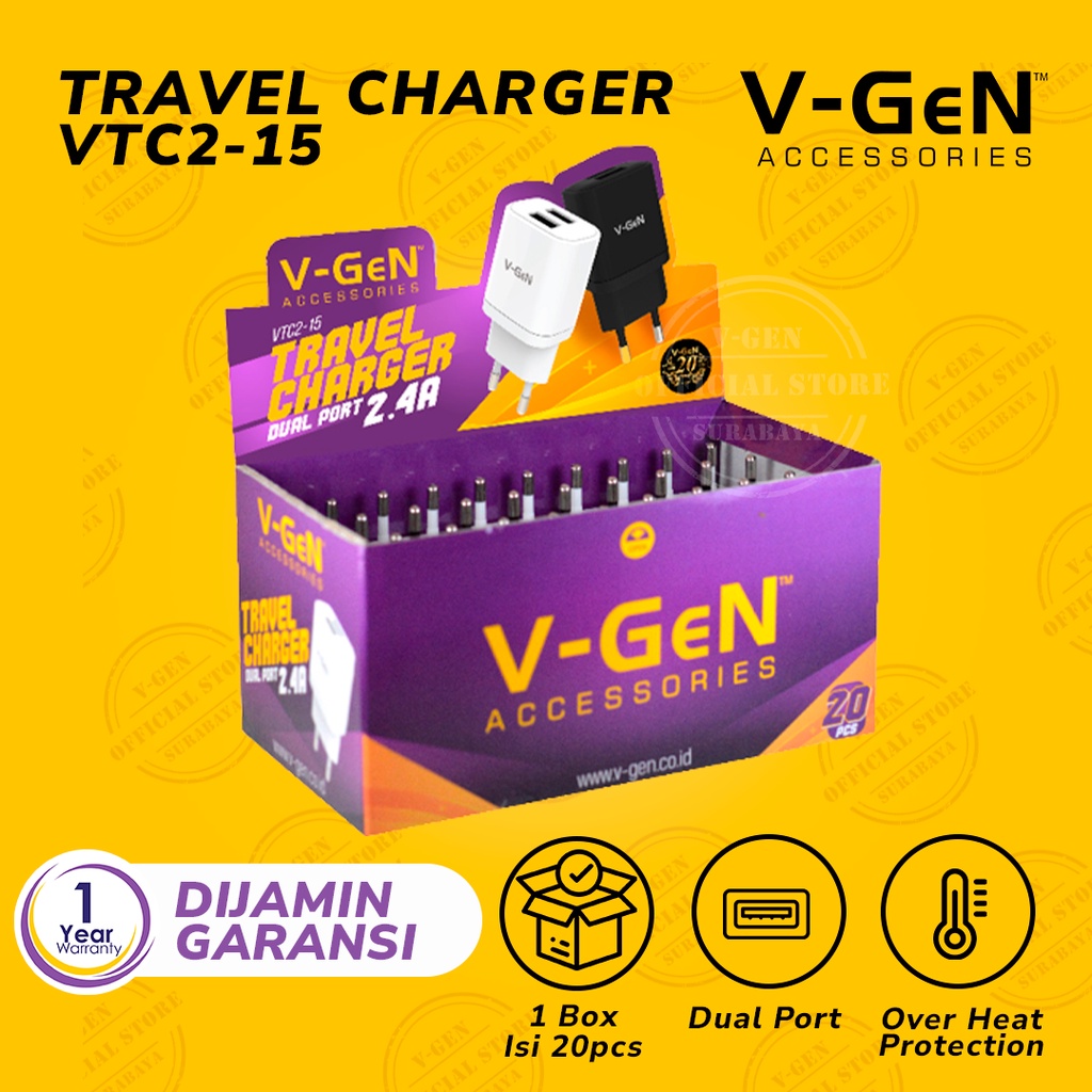 Adaptor Charger V-GeN VTC2-15 2.4A 2 Port 1 Box @ 20pcs Travel Charger V-GeN