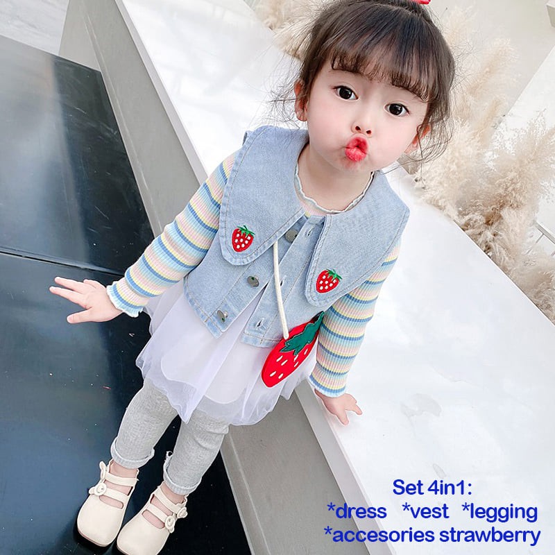 Dress Baby Perempuan Premium Dengan Vest Strawberry Rainbow Tutu