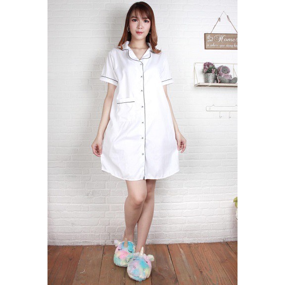 Fortglass DST Saten Sleepwear Baju Tidur Daster Wanita Dewasa Lengan Pendek Satin Embos-PUTIH