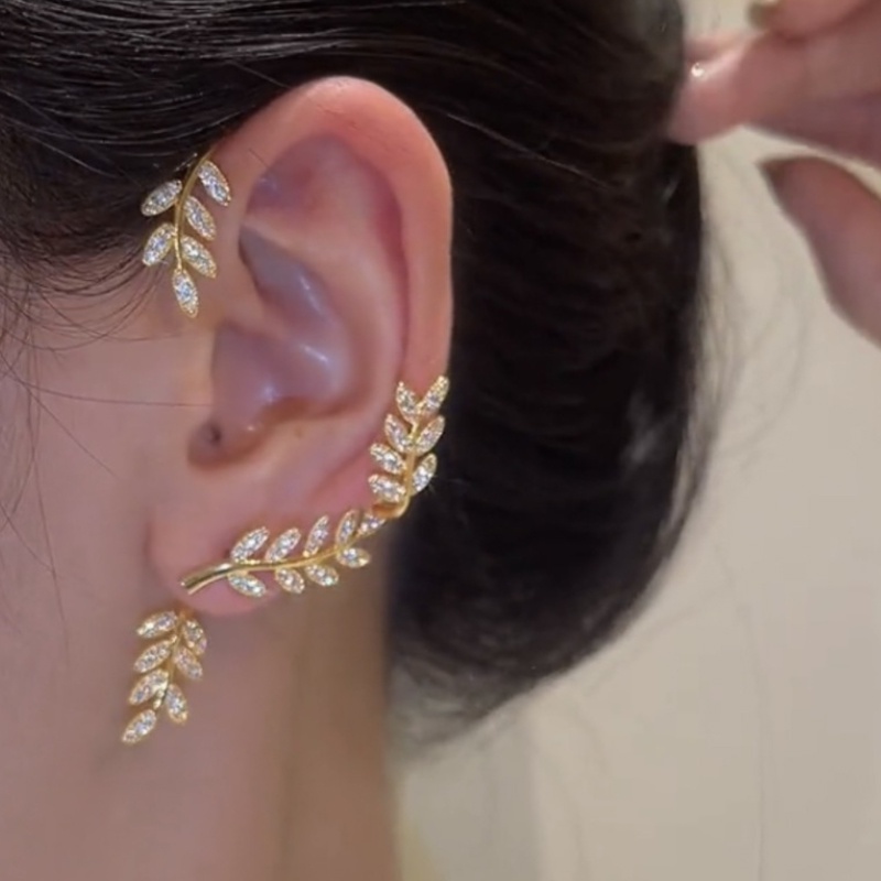 YEEZII Anting Kait Gantung Desain Kupu-Kupu + Daun + Kristal + Mutiara Warna Gold / Silver Untuk Wanita