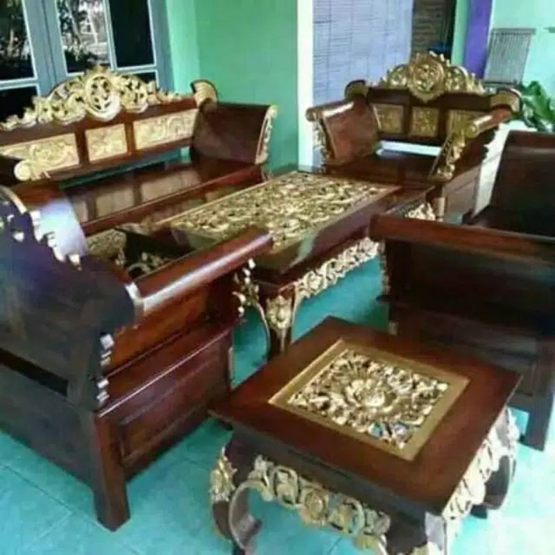 kursi tamu madura ukir natural kombinasi emas kayu jati meuble jepara