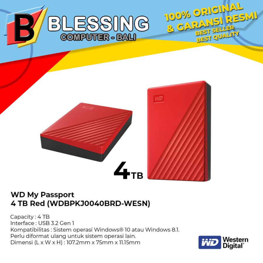 Hardisk External 4TB / Hardisk External WD 4TB My Passport (Red)