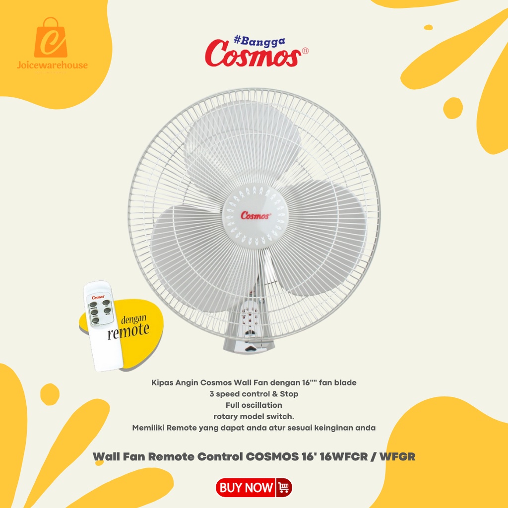 Wall Fan Remote Control COSMOS 16 Inch 16WFCR / WFGR (Kipas Angin Dinding)