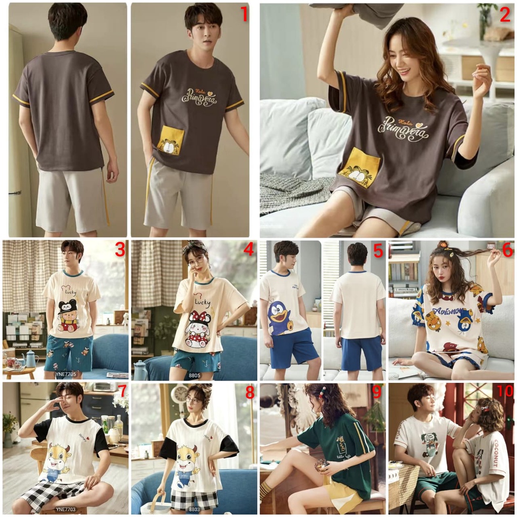 Baju tidur piyama couple bahan kaos import lengan pendek celana pendek HPcouple77