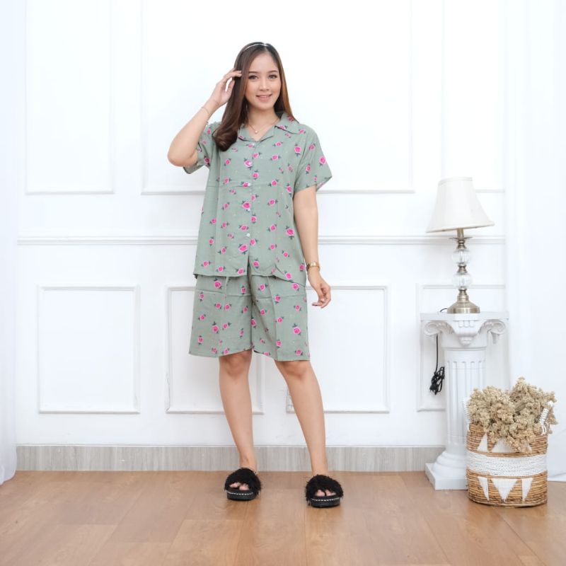 Piyama wanita kerah pendek kancing depan Busui piayama Hits Homewear kancing babydoll pendek baju tidur pendek wanita