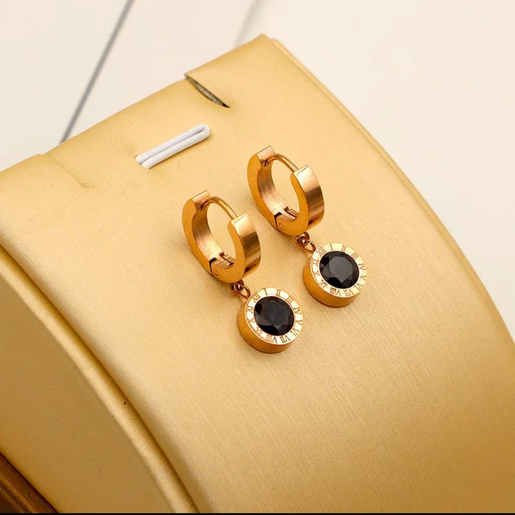 Anting Titanium Bvlgr Bulat Romawi Crystal Rose Gold, Gold dan Silver