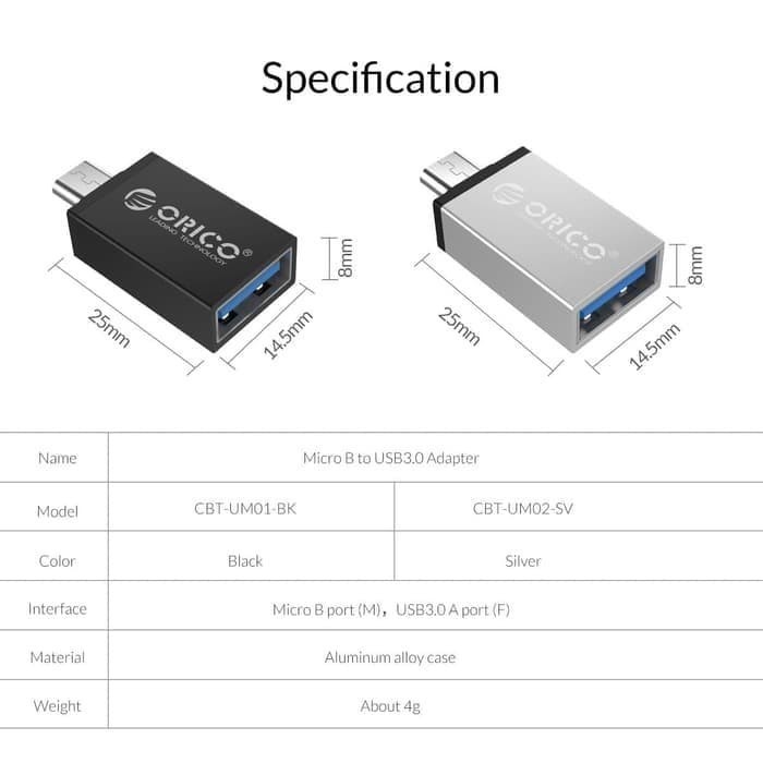 Otg Micro usb male to usb 3.0 Female Adapter orico 2in1 charge-data sync aluminum cbt-um01