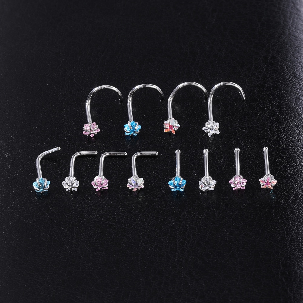 3-12Pcs/lot Color Crystal Nose Piercing Set 20G Stainless Steel Nose Studs 3mm L Shape S Shape Nostril Piercing Jewelry