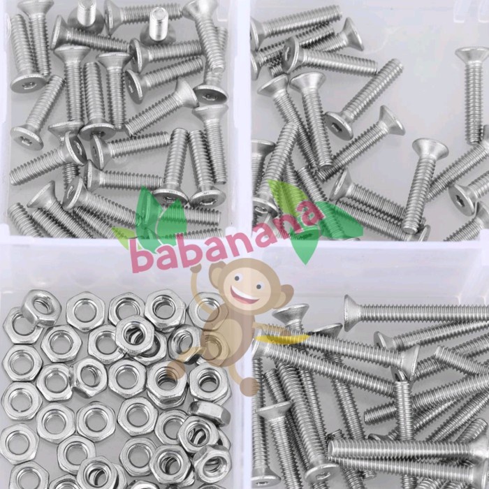 230pcs M2 flat head hex stainless steel screw nut set baut mur