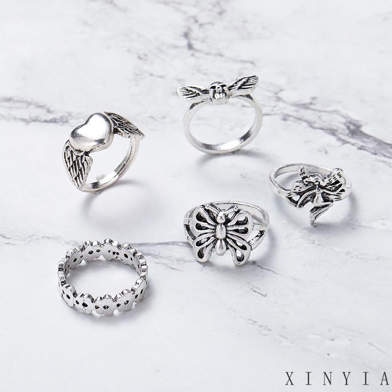 【COD】5pcs / Set Cincin Model Terbuka Desain Kupu-Kupu Hati Hollow Out Gaya Vintage