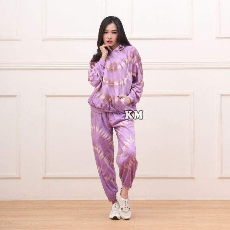 Setelan CP Sweater Hoodie Tiedye Set Celana Joger One Set Tiedye Fashion Baju Wanita Kekinian-Hoodie lurik Ungu