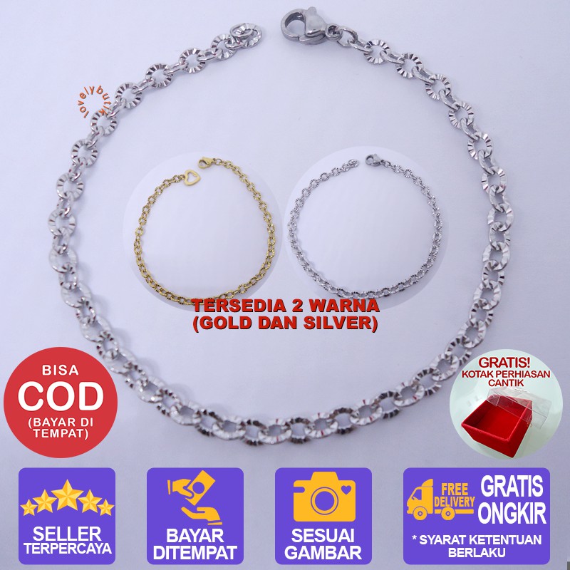 Lovelybutik  Gelang Titanium Asli  Anti Luntur Wanita  Polos Rantai Nori Donat BONUS KOTAK PERHIASAN