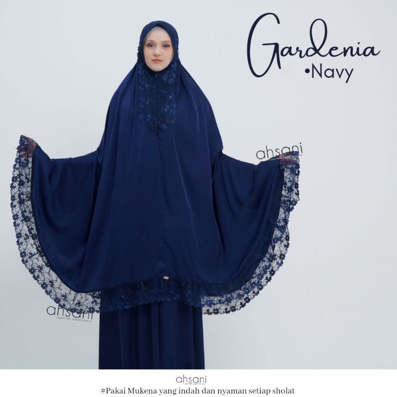 Mukena AHSANI Gardenia Navy Silk Armany Rukuh Dewasa size Jumbo Halus Lembut Dingin Ringan Adem Mewa