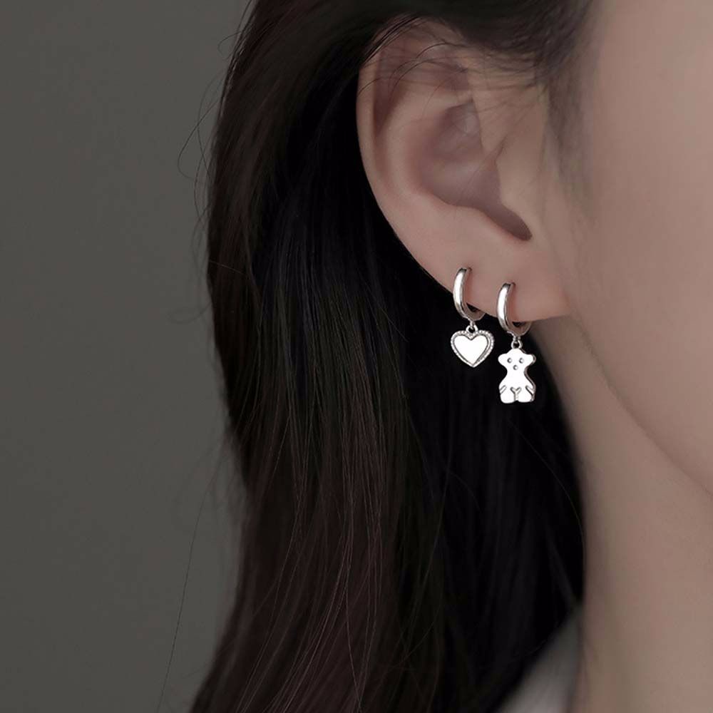 Needway  Girls Ladies Dangle Earrings French Women Earring Hoop Earrings Ear Studs Fashion Jewelry Silver Color Round Metal Small Bear Korean Style/Multicolor