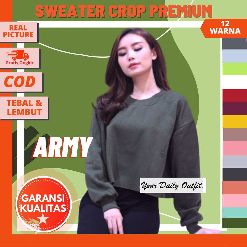 CROP SWEATER HIJAU BOTOL ARMY TUA MUDA WOMEN PREMIUM ALL SIZE FIT L & BIG SIZE / SWEATER CROP