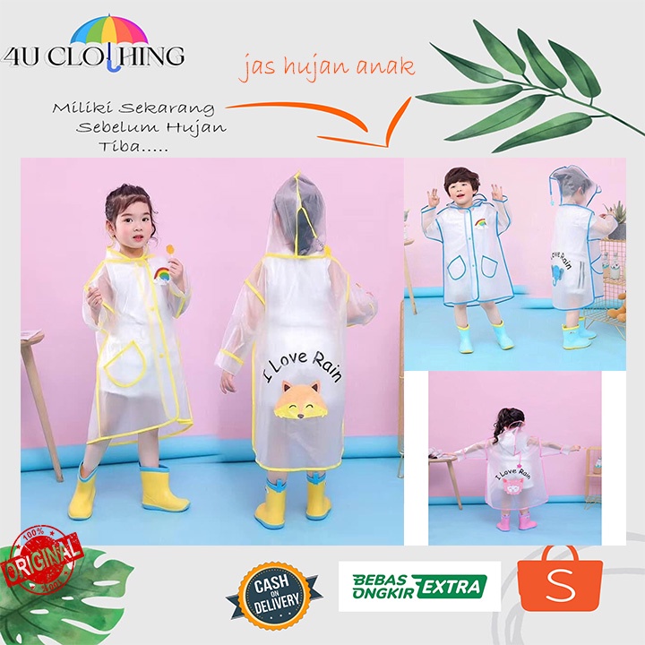 Jas hujan terusan anak I Love Rain semi / jas hujan paud / tk / sd transparan animal / jas hujan anak / jas hujan atasan anak / jas hujan anti rembes / jas hujan  anak terbaru / baju anak untuk anak 3-7th - 85002 NEW 4U CLOTHING