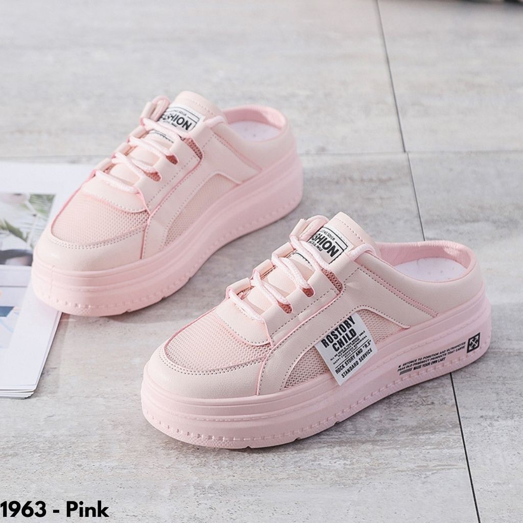 SEPATU SNEAKERS WANITA MODEL SLOP TERBARU NAMBAH TINGGI HIGHSOLE IMPORT KOREA #1963 SIMPLE PUTIH