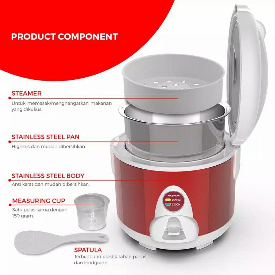 Maspion Rice Cooker MRJ 109 MS - 109MS Magic Com Stainless 1,2L MRJ109MS  Penanak Nasi 1,2 Liter