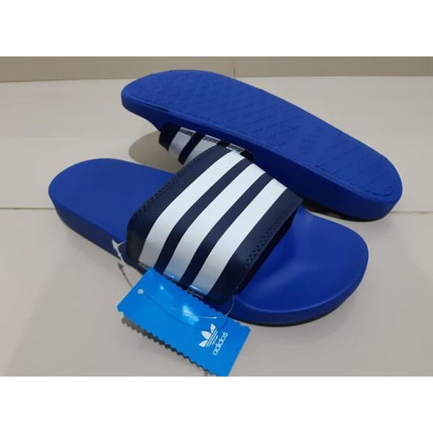 SANDAL PRIA / WANITA / SLIDE ADIDAS ULTRA STRIPES SLIDES BLUE UPPER NAVY LOGO WHITE KUALITAS PREMIUM