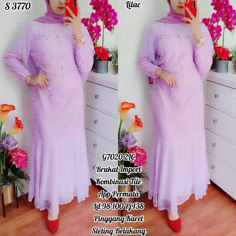 3770 #Maxi Dress Brukat Tile Duyung Permata Lilac