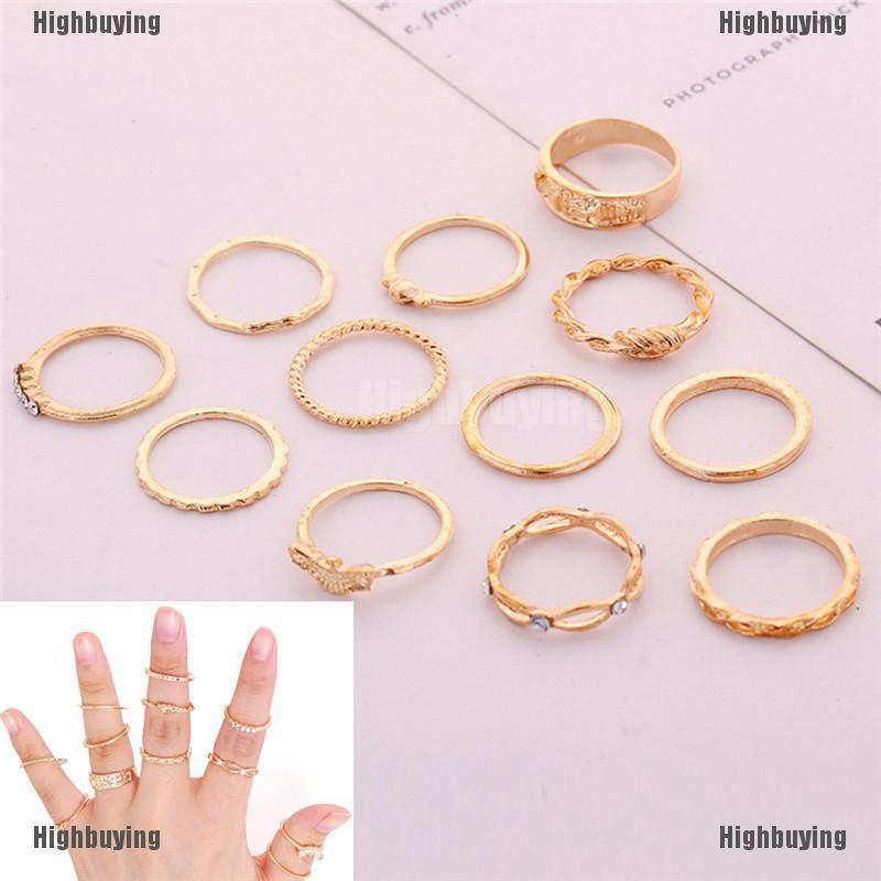 Hbid 12pcs Cincin Buku Jari Aneka Bentuk Warna Gold Gaya Vintage Punk Untuk Wanita