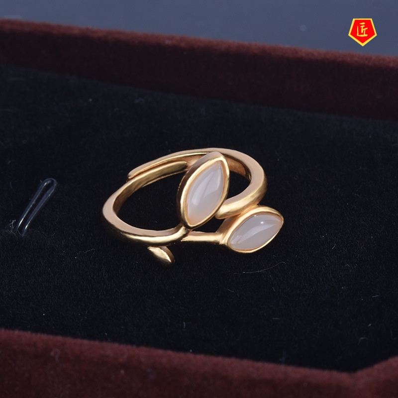 [Ready Stock]Elegant Inlaid White Jade Gold Ring Simple Personality