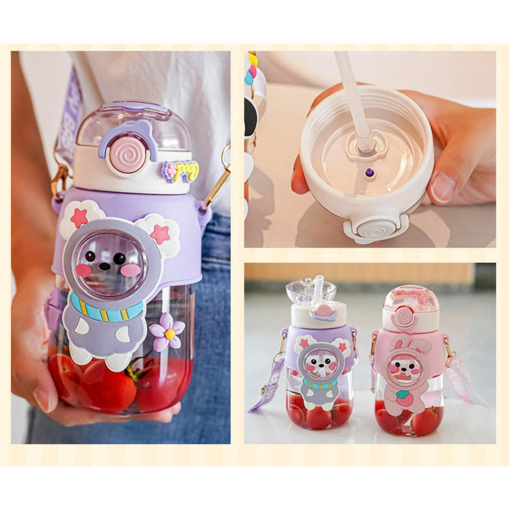 Botol Air Minum Anak Motif Kartun 680ML Free Sedotan + Tali Panjang + Stiker 2D BPA FREE