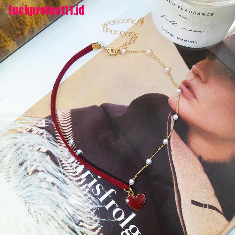 Kalung Choker Bentuk Hati Merah Aksen Mutiara Untuk Wanita