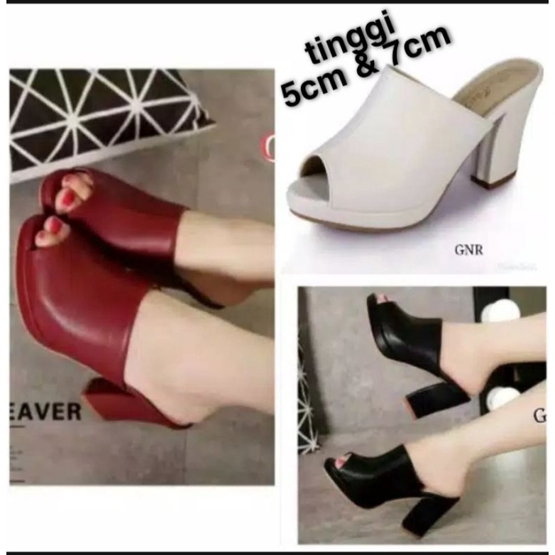 Heels sandal selop wanita vintage heel hak pump kotak emory lucu pesta kulit sintetis model import