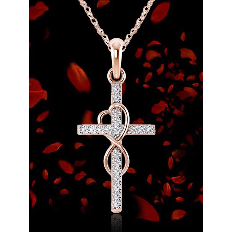 Kalung Liontin Salib Kristen Infinity Love God We Trust Warna Rose Gold Aksen Berlian Imitasi Untuk Wanita