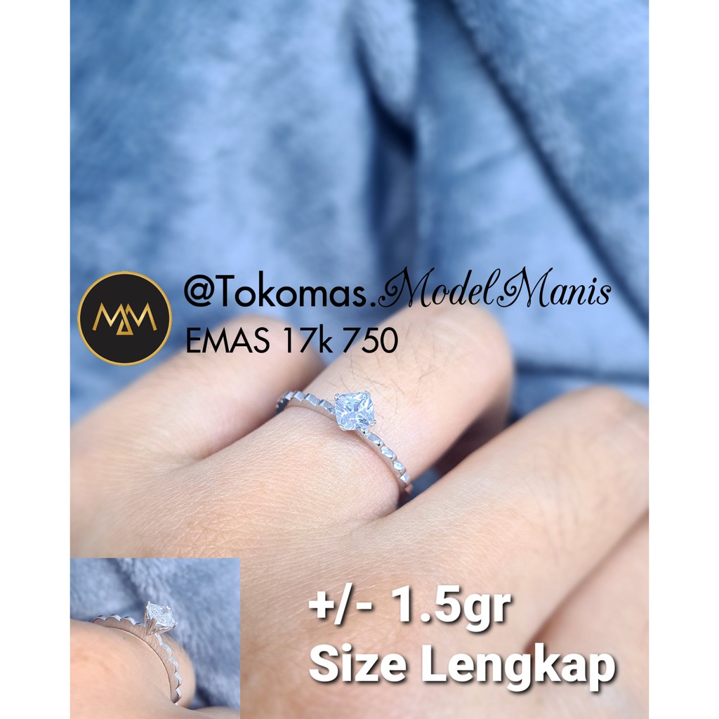 Cincin solitaire fashion emas putih 750 kadar 17 K