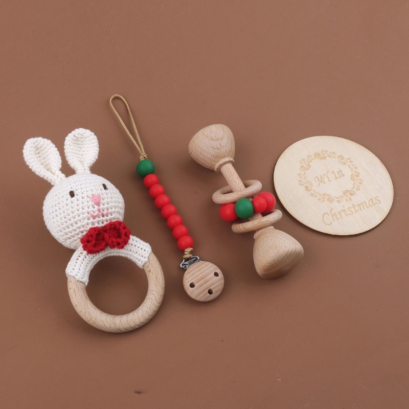 Zzz 4Pcs / Set Mainan Rattle / Teether + Klip / Jepit Bahan Kayu Untuk Bayi