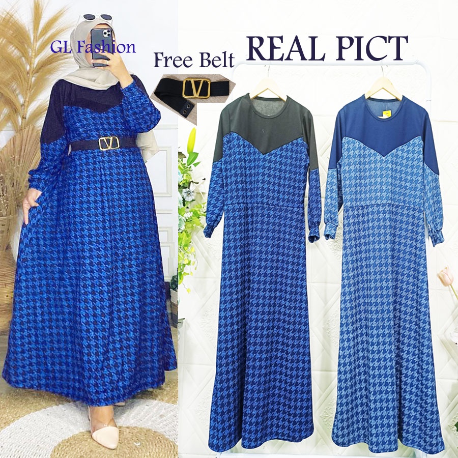 ANITA HOUNDSTOOTH BIRU GAMIS DAPAT BELT GESPER GL FASHION