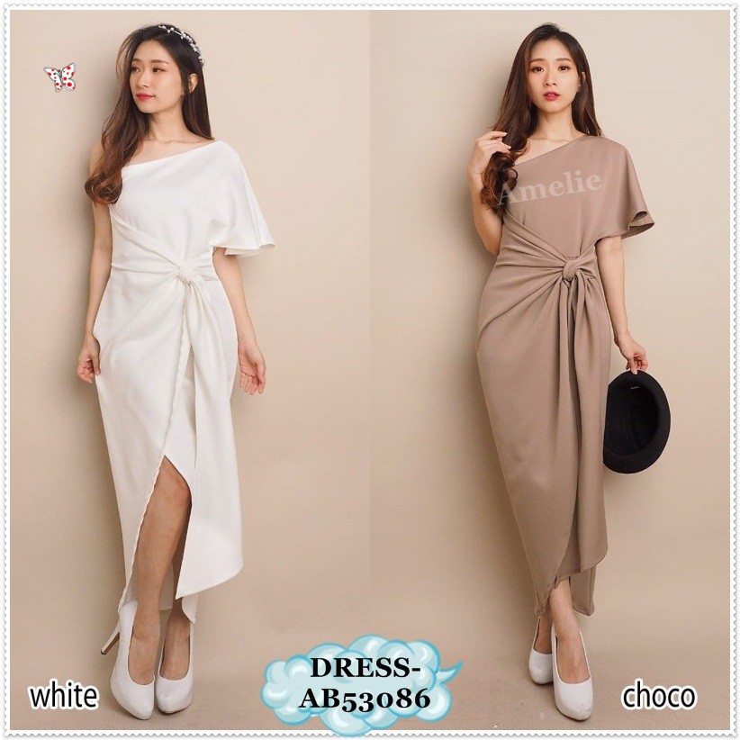 [baju wanita korea]  Long Dress Midi Gaun Pesta Wanita Korea Import Merah Hitam Putih