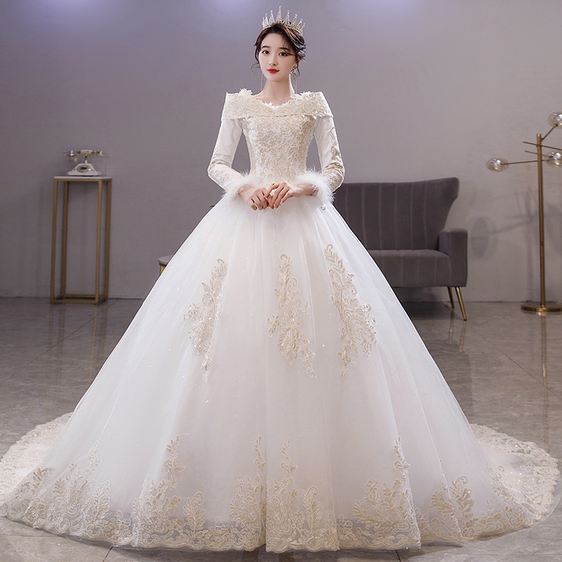 Gaun Pengantin 2202016 Putih Sabrina Lengan Panjang Wedding Dress