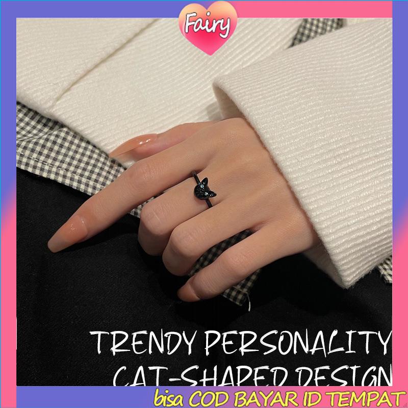 COD✨Cincin Jari Telunjuk Desain Kartun Kucing Hitam Untuk Wanita F