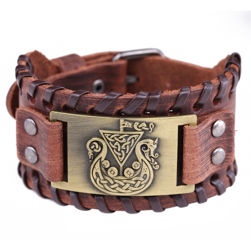 [Z H Perhiasan] Hip Hop Rock Retro Pria Fashion Stainless Steel Viking Rune Gelang Kulit Pesta Perhiasan Aksesoris