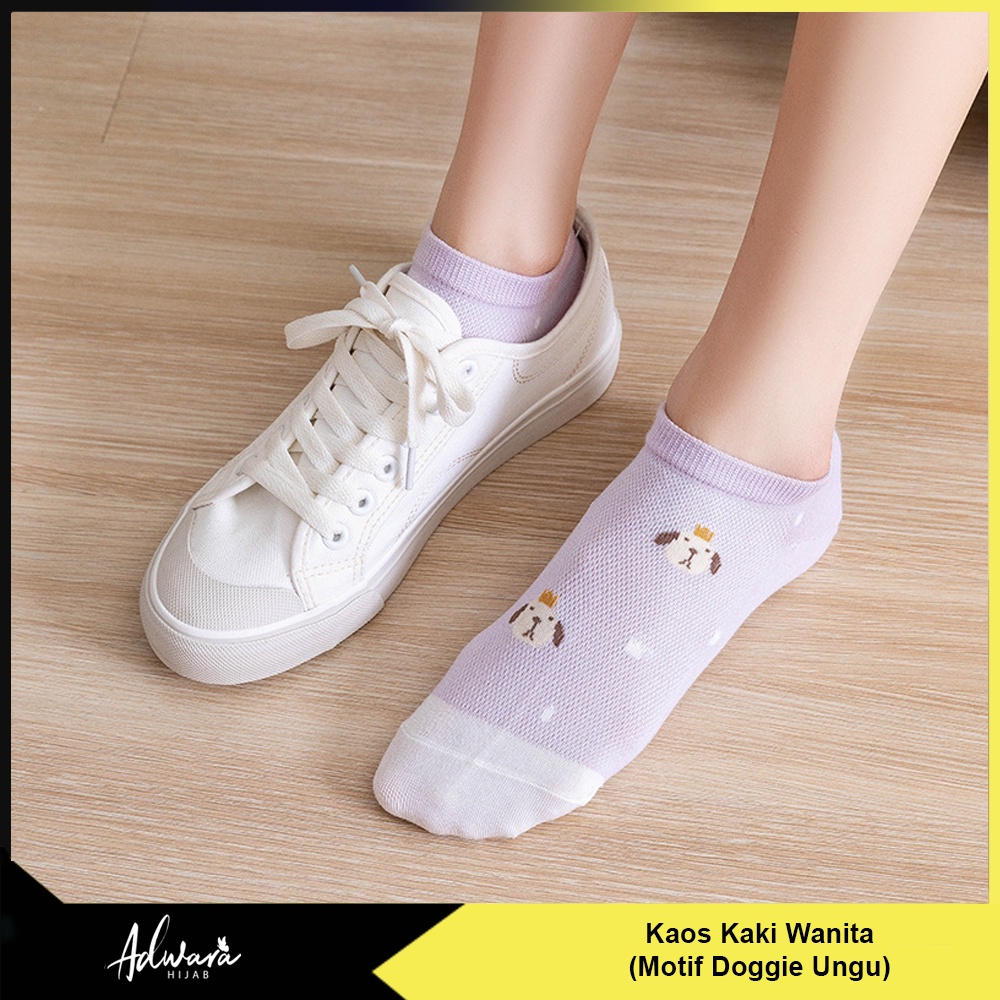 Kaos Kaki Wanita Pendek Semata Kaki Motif Doggie Ungu Gaya Fashion Korea