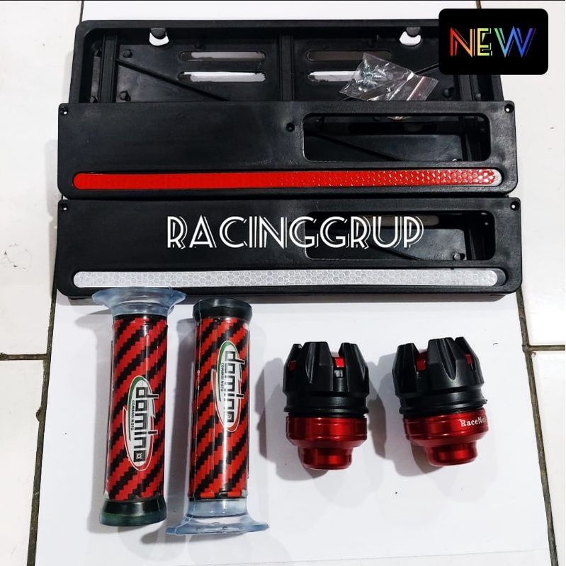 Paket Variasi Motor Handgrip Carbon + Jalu As Roda Depan + Dudukan Plat Nomor List Warna / MERAH